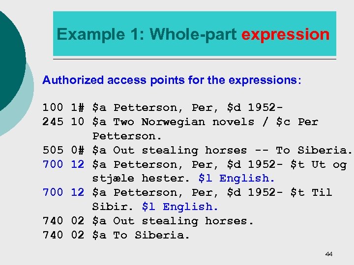 Example 1: Whole-part expression Authorized access points for the expressions: 100 1# $a Petterson,