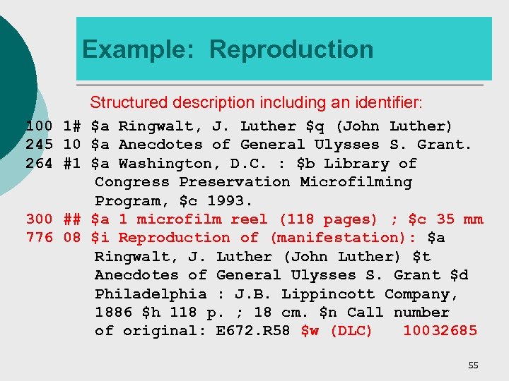 Example: Reproduction Structured description including an identifier: 100 1# $a Ringwalt, J. Luther $q