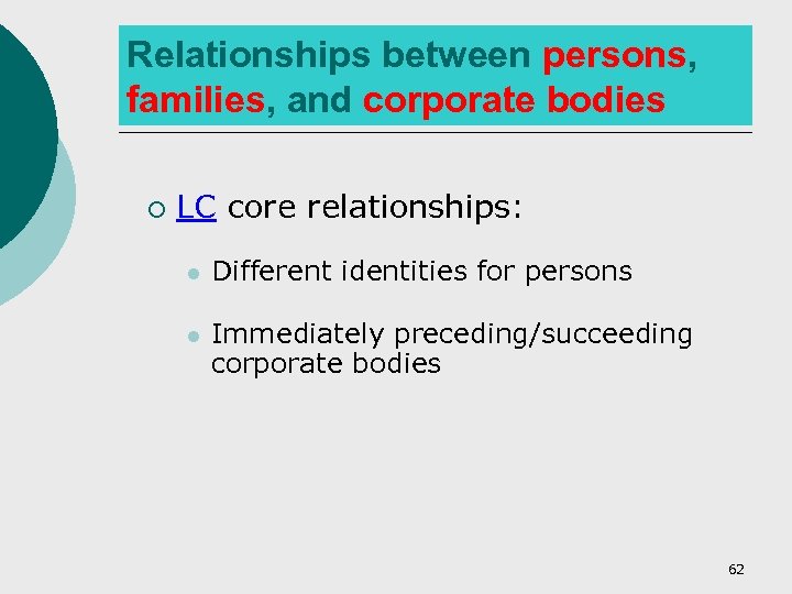 Relationships between persons, families, and corporate bodies ¡ LC core relationships: l Different identities