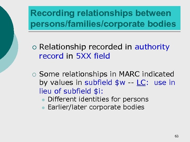 Recording relationships between persons/families/corporate bodies ¡ ¡ Relationship recorded in authority record in 5