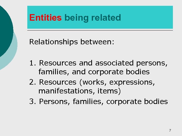 Entities being related Relationships between: 1. Resources and associated persons, families, and corporate bodies