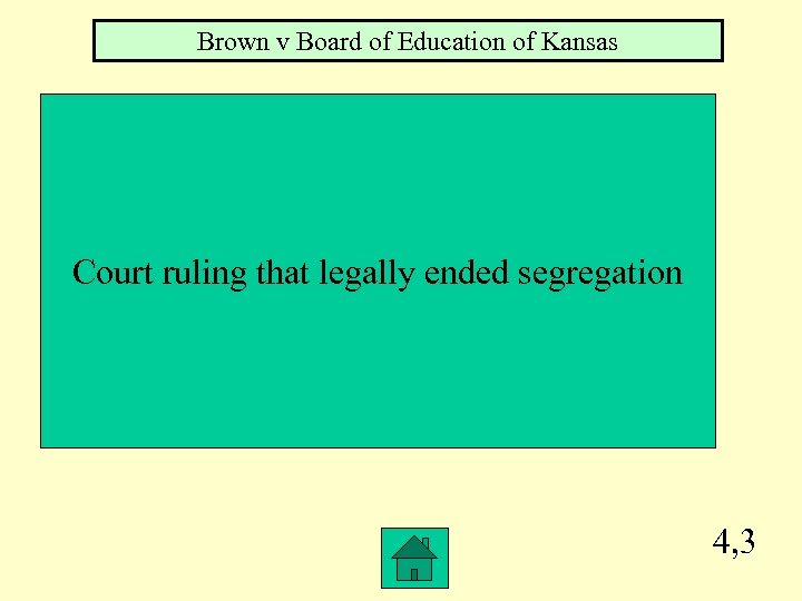 Brown v Board of Education of Kansas Court ruling that legally ended segregation 4,