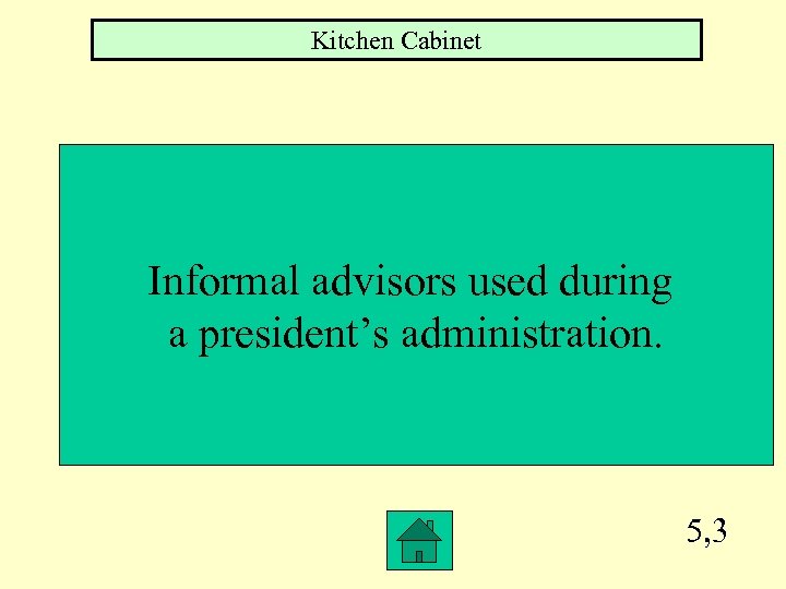 Kitchen Cabinet Informal advisors used during a president’s administration. 5, 3 