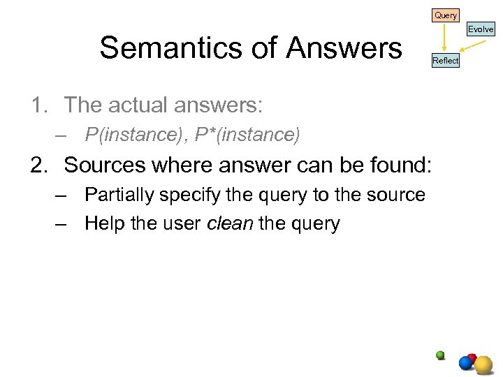 Query Semantics of Answers Evolve Reflect 1. The actual answers: – P(instance), P*(instance) 2.