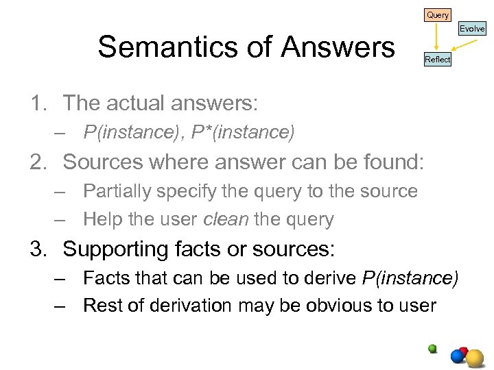 Query Semantics of Answers Evolve Reflect 1. The actual answers: – P(instance), P*(instance) 2.