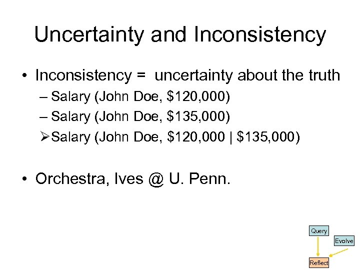 Uncertainty and Inconsistency • Inconsistency = uncertainty about the truth – Salary (John Doe,