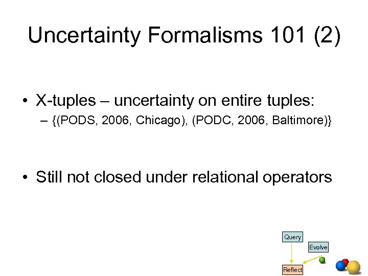 Uncertainty Formalisms 101 (2) • X-tuples – uncertainty on entire tuples: – {(PODS, 2006,