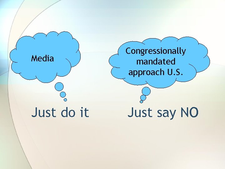 Media Congressionally mandated approach U. S. Just do it Just say NO 
