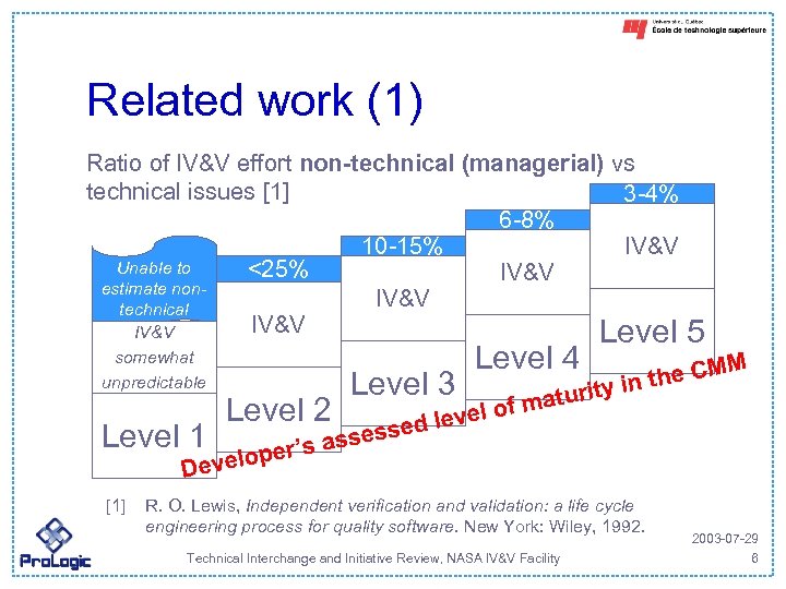 Related work (1) Ratio of IV&V effort non-technical (managerial) vs technical issues [1] 3