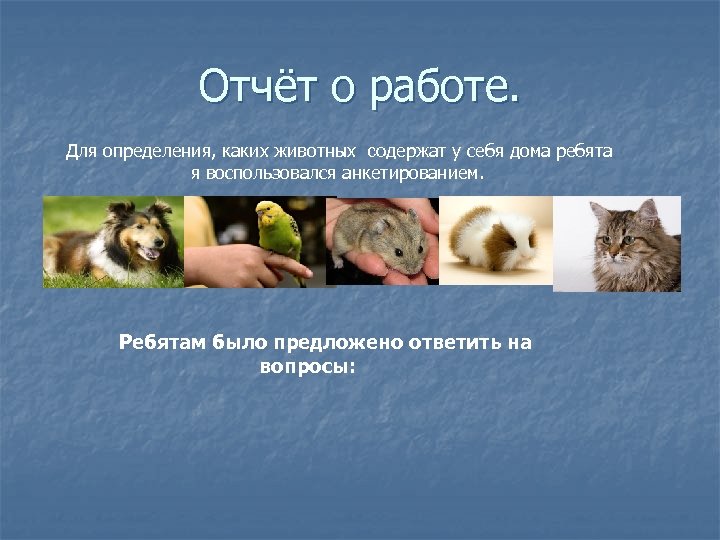 Отчёт о работе. Для определения, каких животных содержат у себя дома ребята я воспользовался