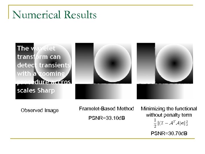 Numerical Results Observed Image Framelet-Based Method PSNR=33. 10 d. B Minimizing the functional without