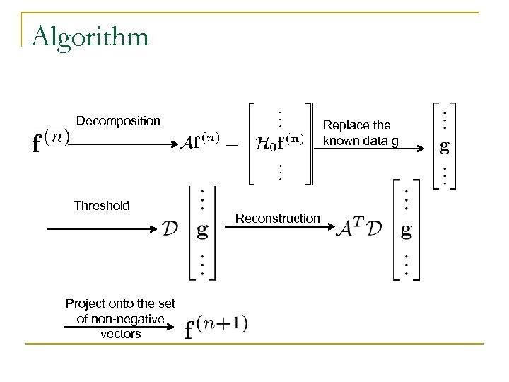 Algorithm Decomposition Threshold Project onto the set of non-negative vectors Replace the known data