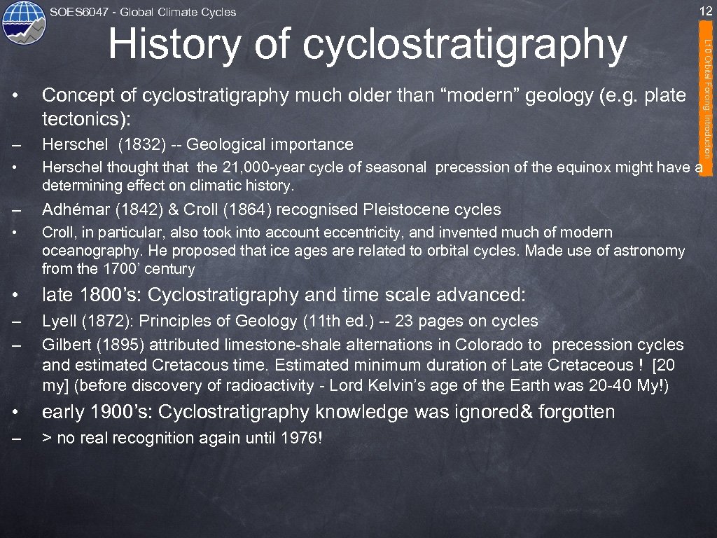 SOES 6047 - Global Climate Cycles L 10 Orbital Forcing: Introduction History of cyclostratigraphy