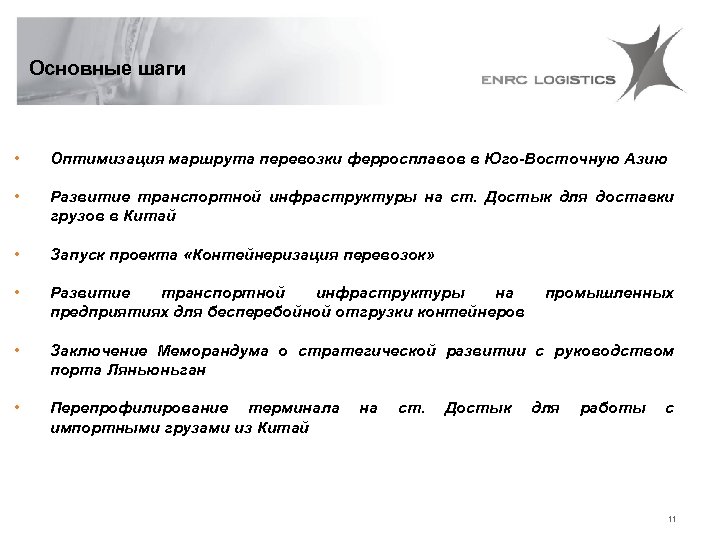 Основные шаги • Оптимизация маршрута перевозки ферросплавов в Юго-Восточную Азию • Развитие транспортной инфраструктуры