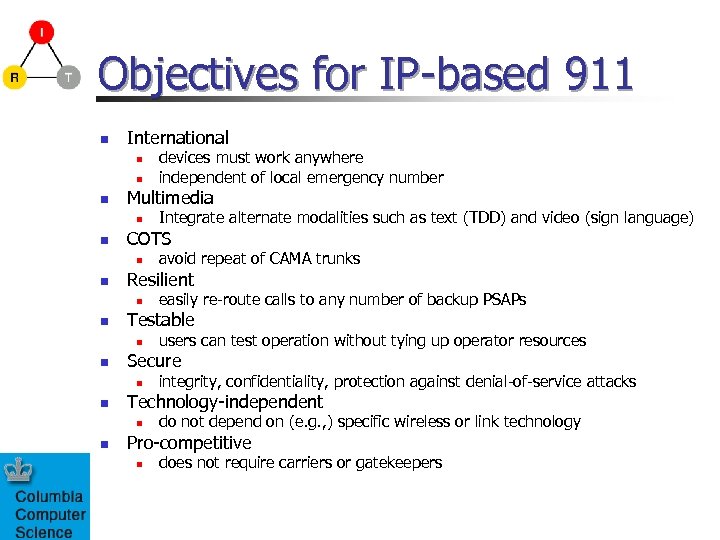 Objectives for IP-based 911 n International n n n Multimedia n n integrity, confidentiality,