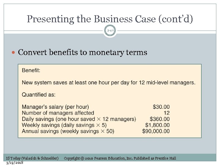 Presenting the Business Case (cont’d) 3 -40 Convert benefits to monetary terms IS Today