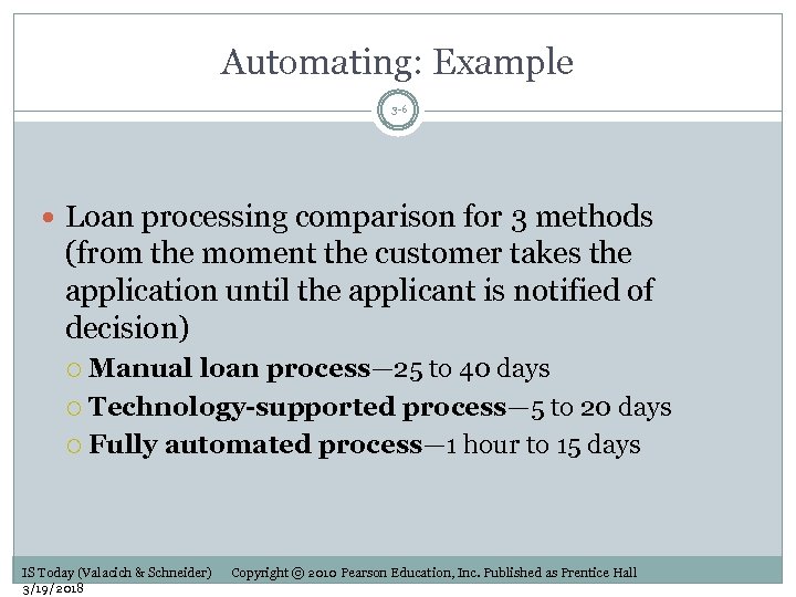 Automating: Example 3 -6 Loan processing comparison for 3 methods (from the moment the