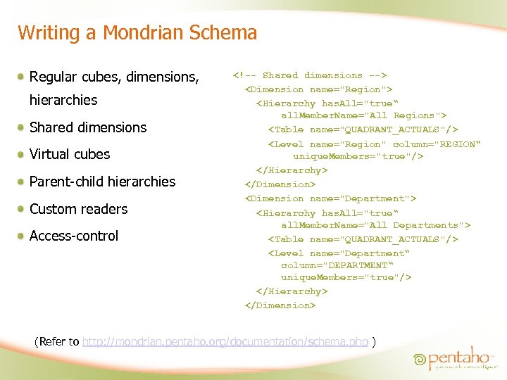Writing a Mondrian Schema Regular cubes, dimensions, hierarchies Shared dimensions Virtual cubes Parent-child hierarchies