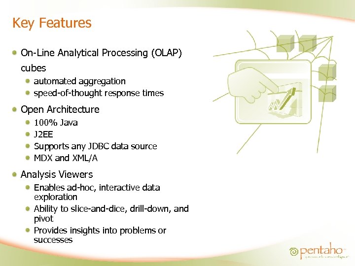 Key Features On-Line Analytical Processing (OLAP) cubes automated aggregation speed-of-thought response times Open Architecture