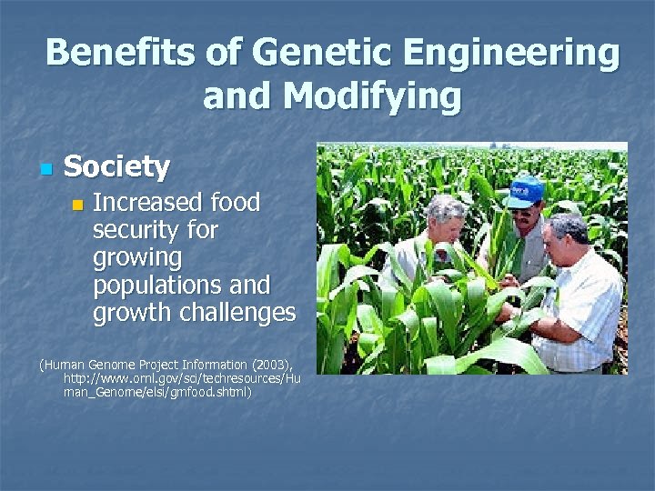 Benefits of Genetic Engineering and Modifying n Society n Increased food security for growing