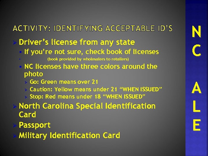 ACTIVITY: IDENTIFYING ACCEPTABLE ID’S Ø Driver’s § If you’re not sure, check book of