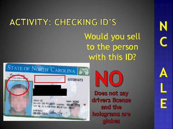 ACTIVITY: CHECKING ID’S Would you sell to the person with this ID? NO Does