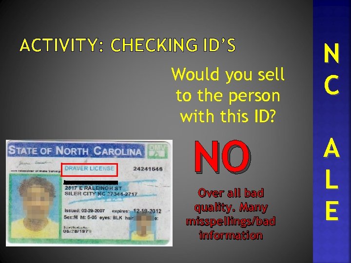 ACTIVITY: CHECKING ID’S Would you sell to the person with this ID? NO Over