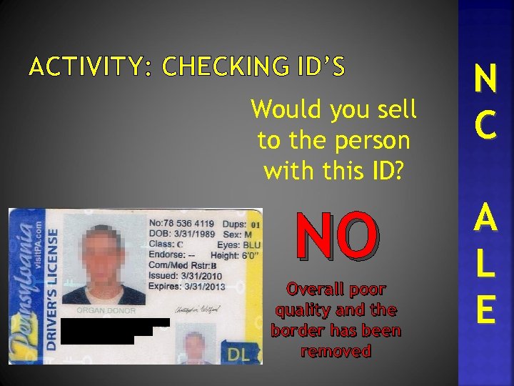 ACTIVITY: CHECKING ID’S Would you sell to the person with this ID? NO Overall