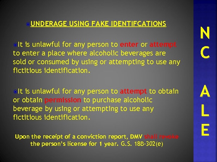  UNDERAGE USING FAKE IDENTIFCATIONS It is unlawful for any person to enter or