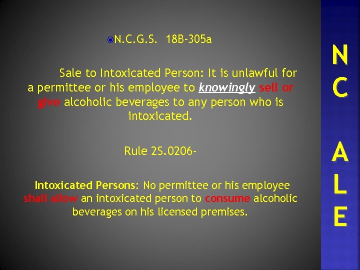  N. C. G. S. 18 B-305 a Sale to Intoxicated Person: It is