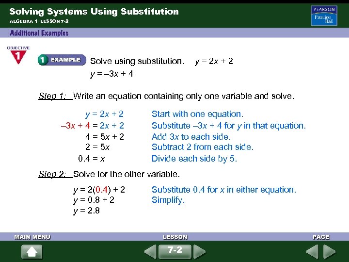 Solving Systems Using Substitution ALGEBRA 1 LESSON 7 -2 Solve using substitution. y =