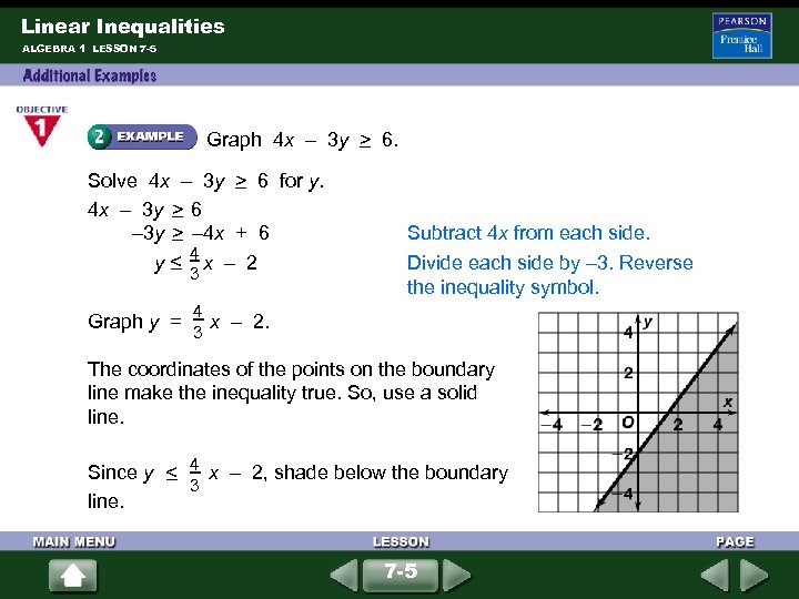 Linear Inequalities ALGEBRA 1 LESSON 7 -5 > Graph 4 x – 3 y