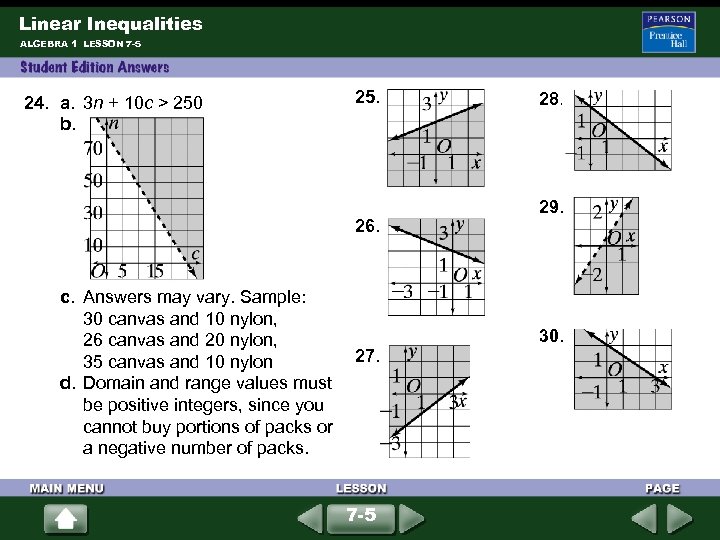 Linear Inequalities ALGEBRA 1 LESSON 7 -5 24. a. 3 n + 10 c