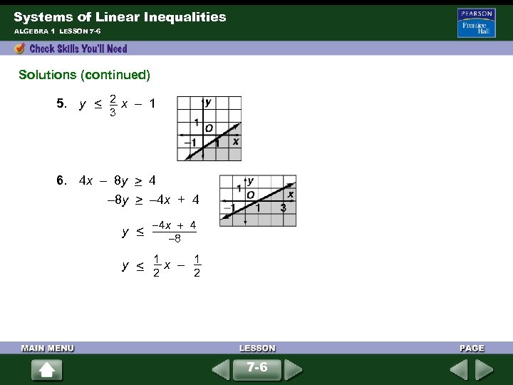 Systems of Linear Inequalities ALGEBRA 1 LESSON 7 -6 Solutions (continued) < 2 5.