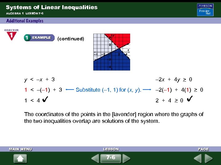 Systems of Linear Inequalities ALGEBRA 1 LESSON 7 -6 (continued) y < –x +