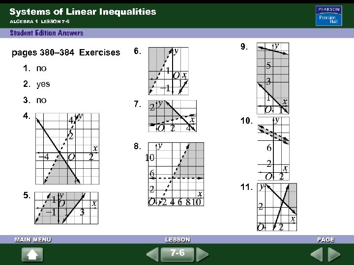 Systems of Linear Inequalities ALGEBRA 1 LESSON 7 -6 pages 380– 384 Exercises 9.