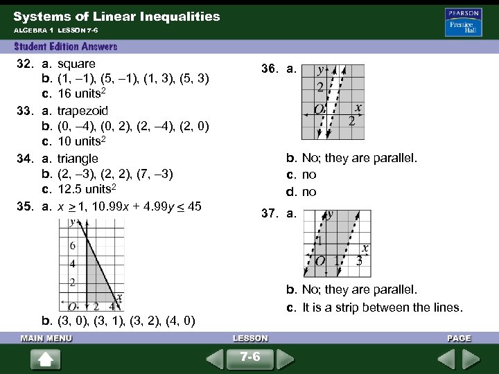 Systems of Linear Inequalities ALGEBRA 1 LESSON 7 -6 32. a. b. c. 33.