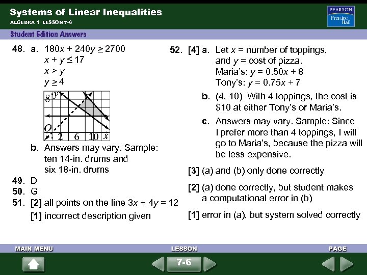 Systems of Linear Inequalities ALGEBRA 1 LESSON 7 -6 48. a. 180 x +