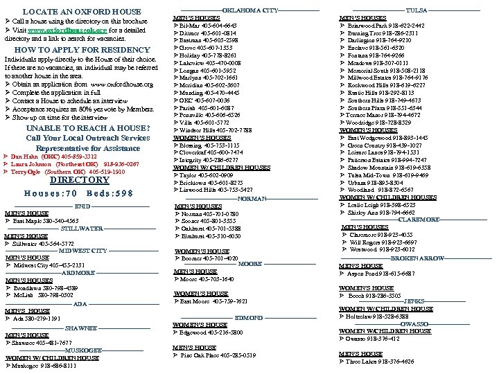 LOCATE AN OXFORD HOUSE Ø Call a house using the directory on this brochure