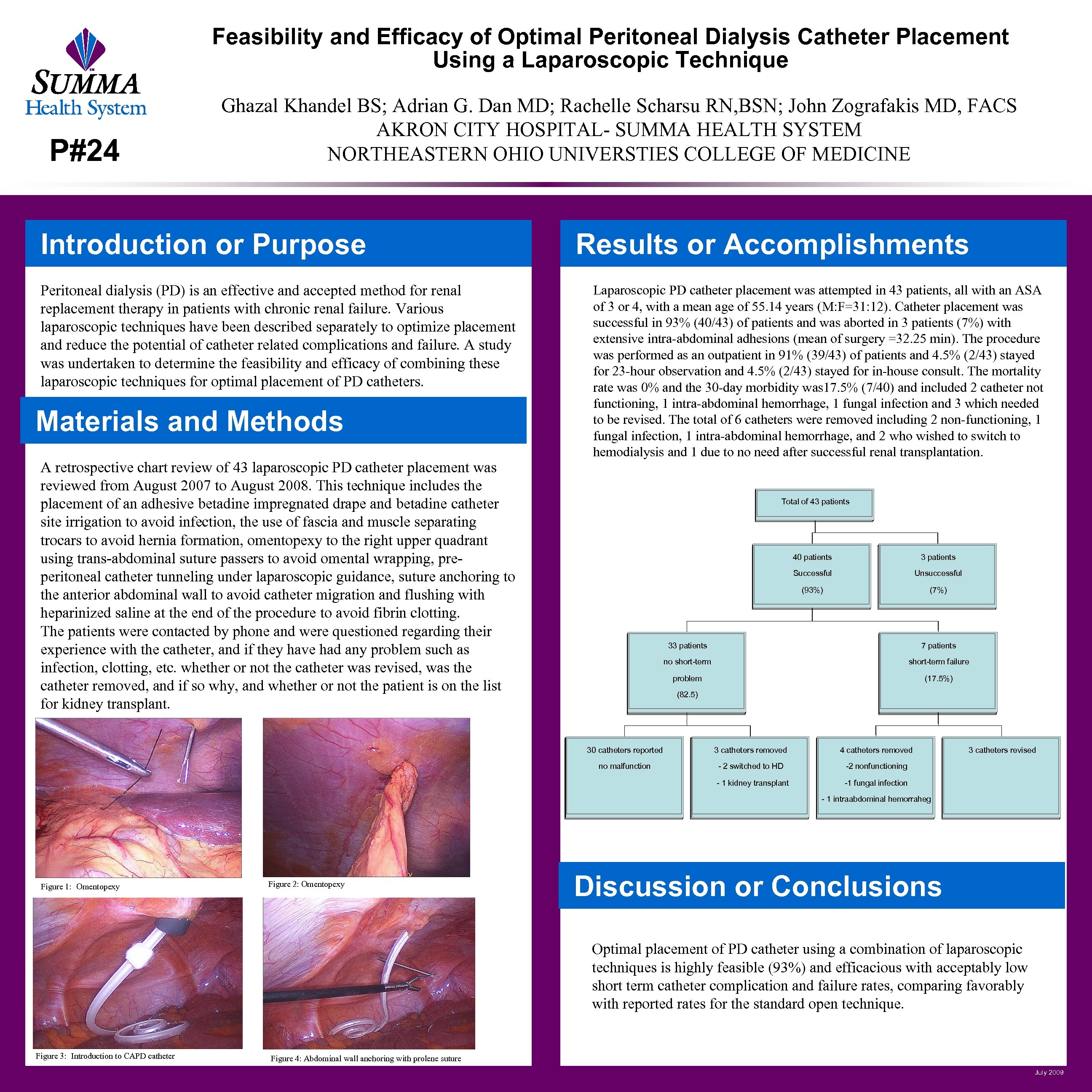 Feasibility and Efficacy of Optimal Peritoneal Dialysis Catheter Placement Using a Laparoscopic Technique P#24