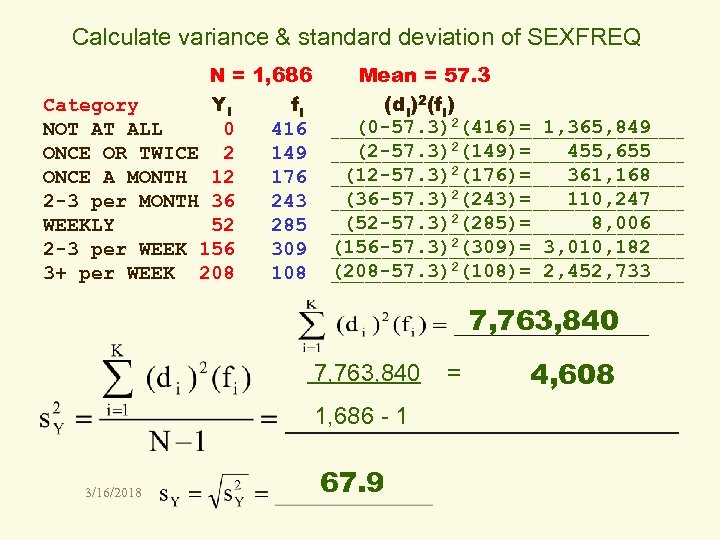 Calculate variance & standard deviation of SEXFREQ N = 1, 686 Mean = 57.