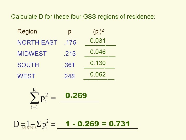 Calculate D for these four GSS regions of residence: Region pi (pi)2 NORTH EAST