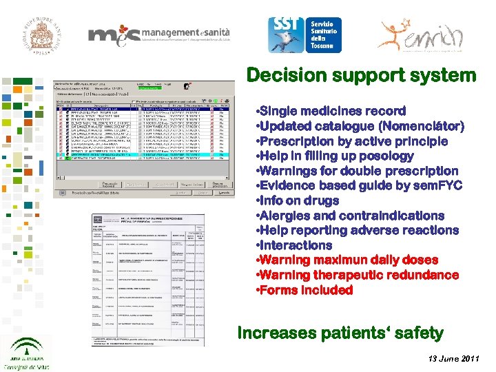 Decision support system • Single medicines record • Updated catalogue (Nomenclátor) • Prescription by