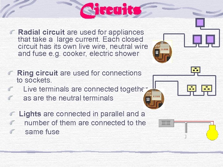 Circuits Radial circuit are used for appliances that take a large current. Each closed