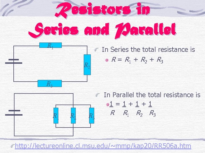 Resistors in Series and Parallel R 1 R 2 In Series the total resistance