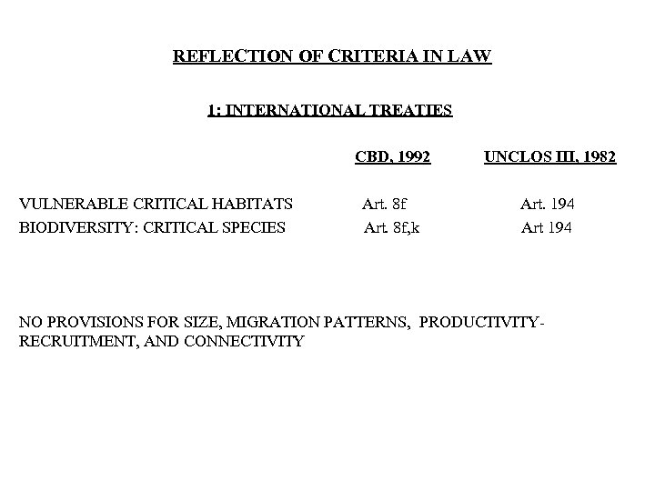 REFLECTION OF CRITERIA IN LAW 1: INTERNATIONAL TREATIES CBD, 1992 VULNERABLE CRITICAL HABITATS BIODIVERSITY: