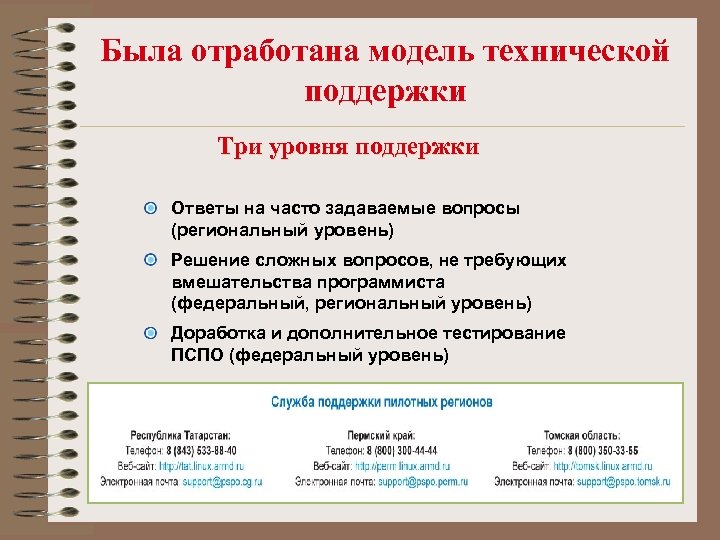 Была отработана модель технической поддержки Три уровня поддержки Ответы на часто задаваемые вопросы (региональный