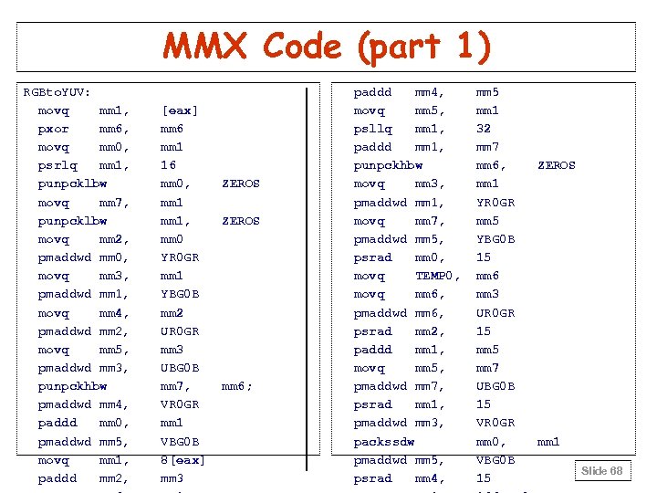 MMX Code (part 1) RGBto. YUV: movq mm 1, pxor mm 6, movq mm