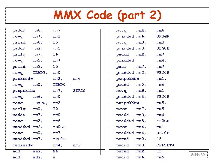 MMX Code (part 2) paddd mm 6, movq mm 7, psrad mm 6, paddd
