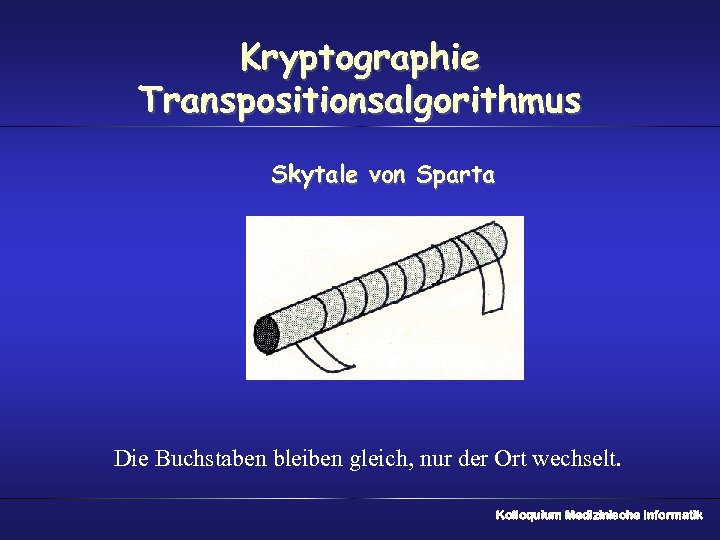 Kryptographie Transpositionsalgorithmus Skytale von Sparta Die Buchstaben bleiben gleich, nur der Ort wechselt. Kolloquium